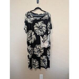 ALEMBIKA Black Floral Print Tunic Dress Size M Short Sleeve Pocket Casual Artsy